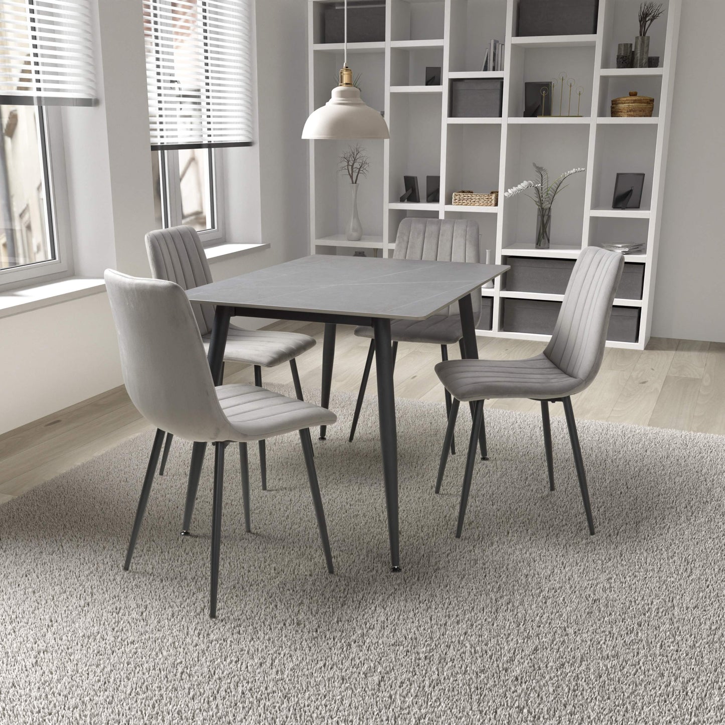 Stockholm Grey Dining Table with 4 Grey Leo Dining Chairs