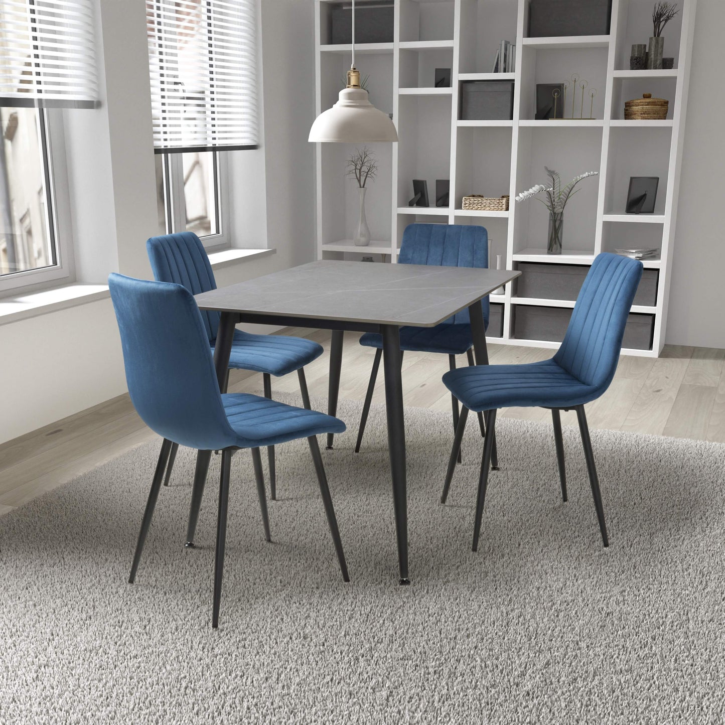 Stockholm Grey Dining Table with 4 Blue Leo Dining Chairs