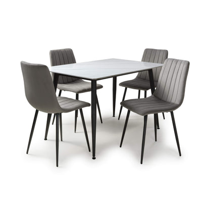 Stockholm White Dining Table with 4 Grey Leo Dining Chairs