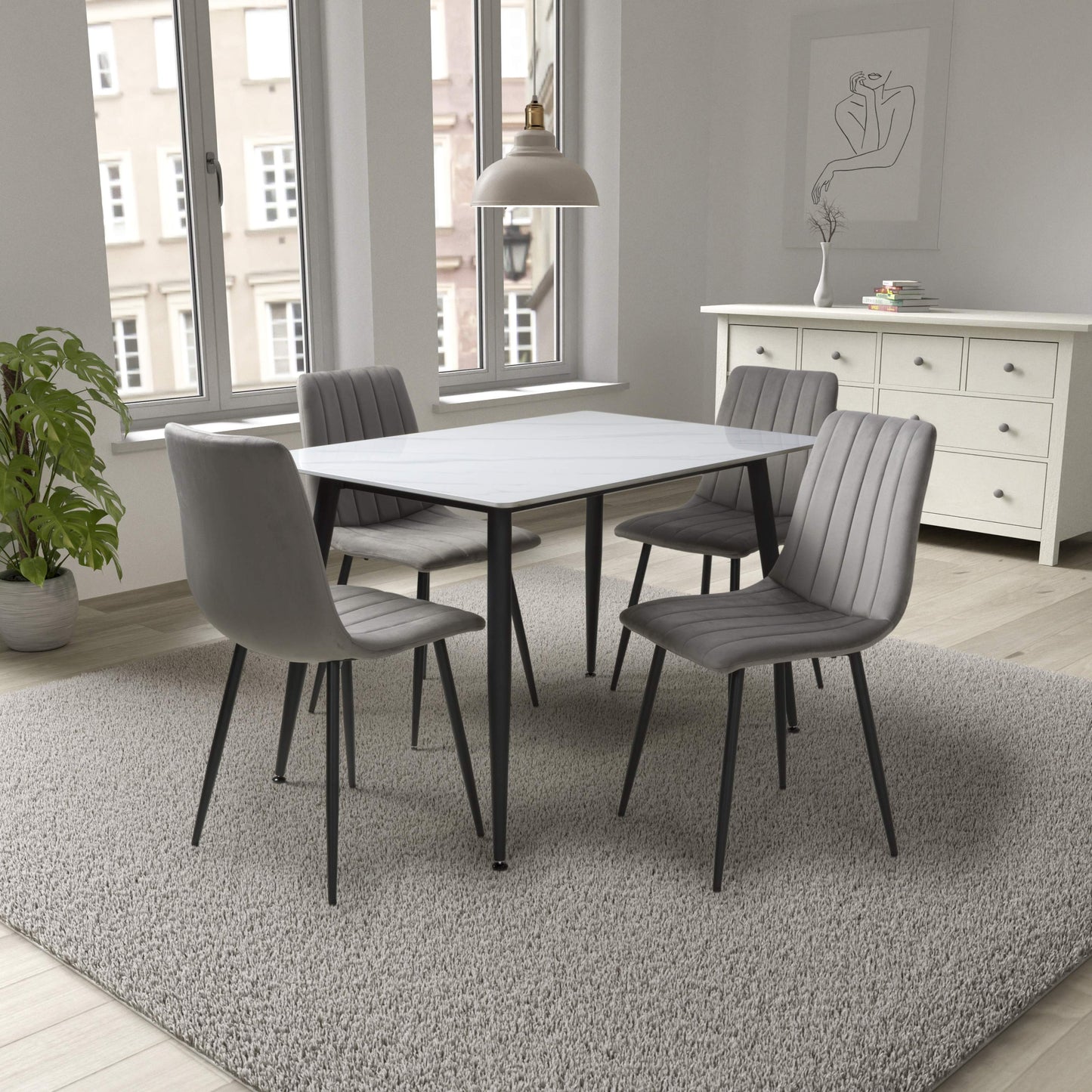 Stockholm White Dining Table with 4 Grey Leo Dining Chairs