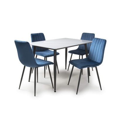 Stockholm White Dining Table with 4 Blue Leo Dining Chairs