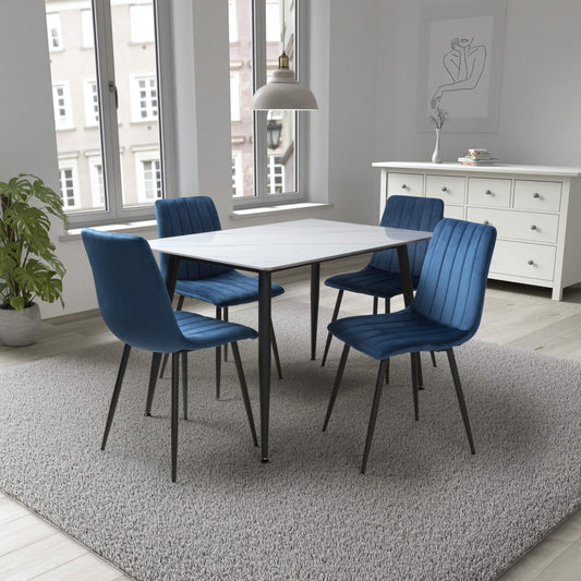 Stockholm White Dining Table with 4 Blue Leo Dining Chairs