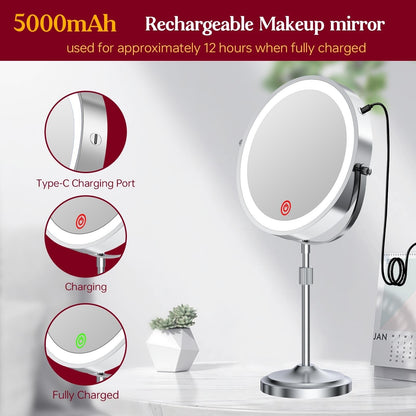 9 LED Lighted Makeup Mirror,Double Sided Magnification Mirror with 1X/10x Magnification,3 Lighting Color