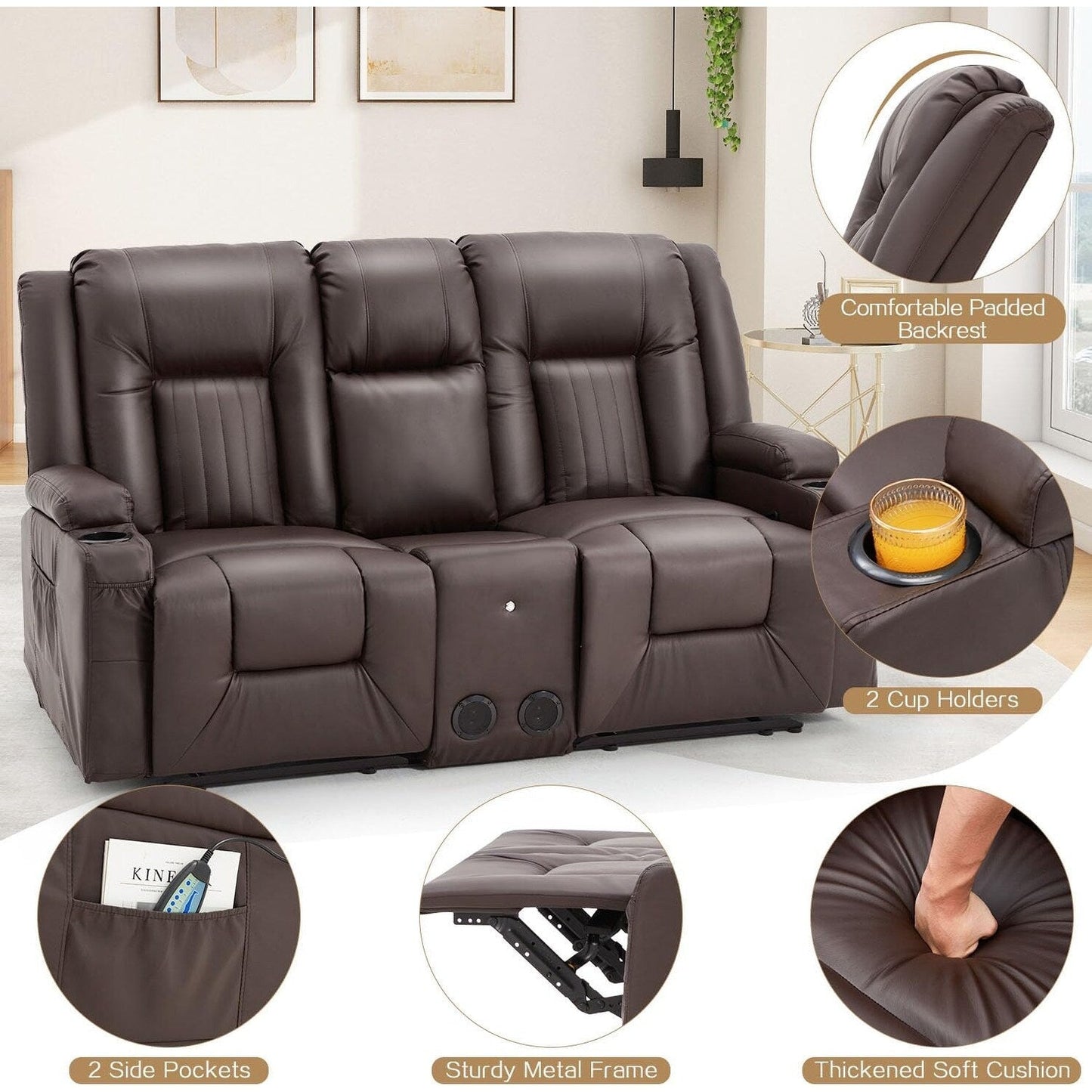 AECOJOY Recliner Sofa Manual RV Reclining Couch PU Home Theater Seating w/ Console