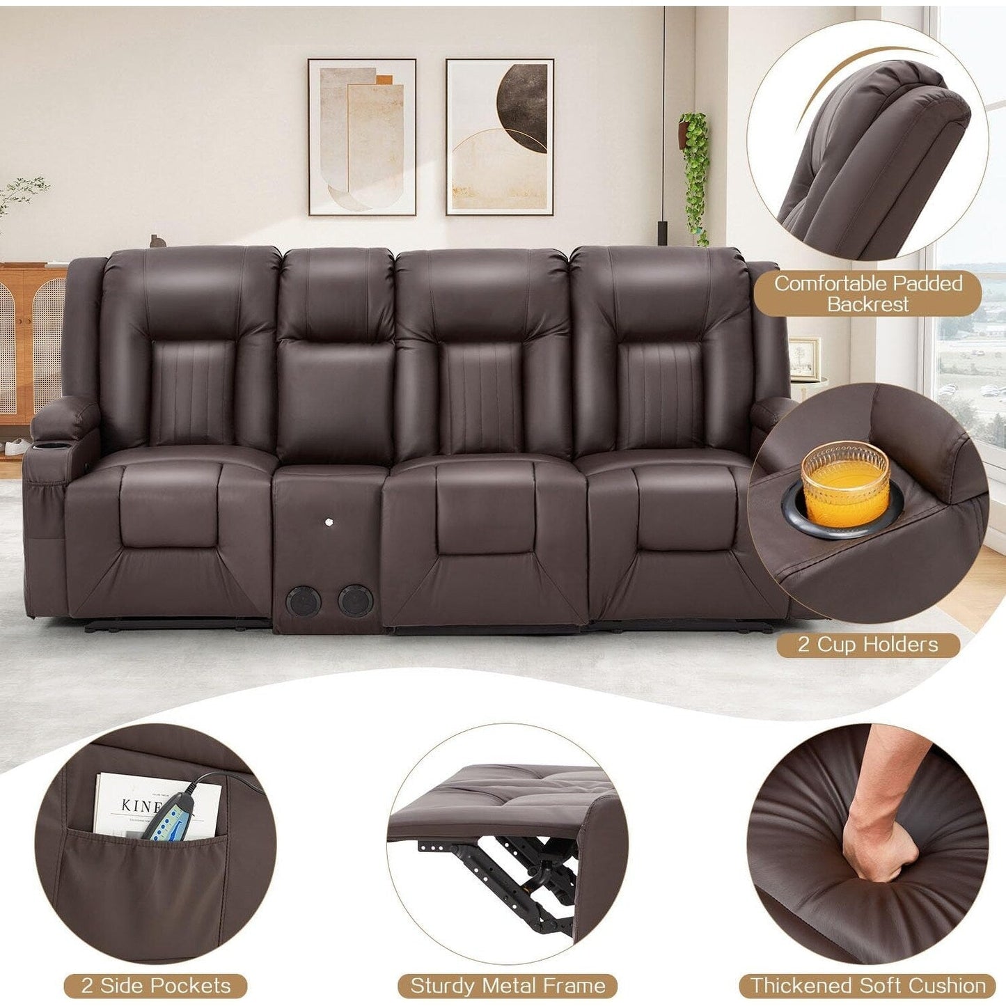 AECOJOY Recliner Sofa Manual RV Reclining Couch PU Home Theater Seating w/ Console