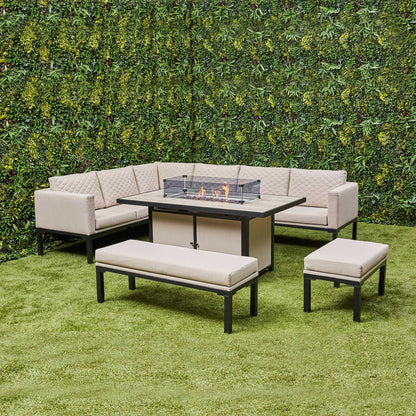 Ava Aluminium Corner Dining Set with Fire Pit – Beige