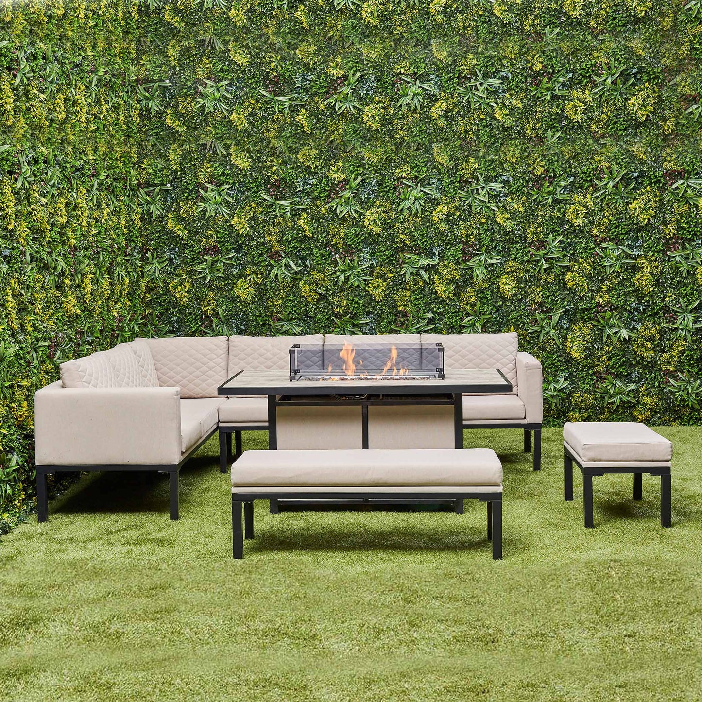 Ava Aluminium Corner Dining Set with Fire Pit – Beige