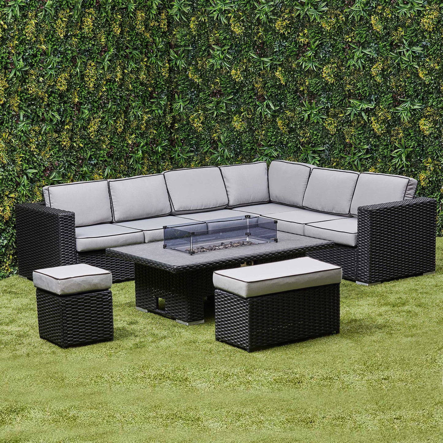 Chakra Rattan Corner Dining Set with Fire Pit – Black