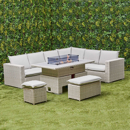 Chakra Rattan Corner Dining Set with Fire Pit – Grey/Beige