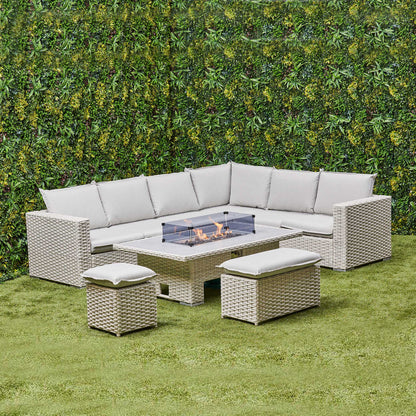 Chakra Rattan Corner Dining Set with Fire Pit – Grey/Beige