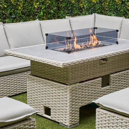 Chakra Rattan Corner Dining Set with Fire Pit – Grey/Beige