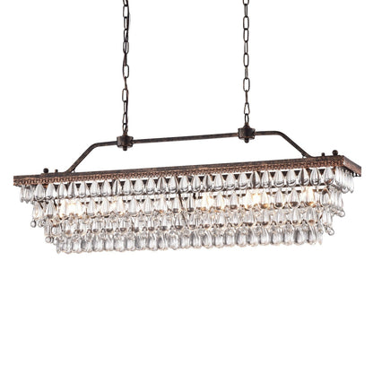 Antique Bronze 6-Light Rectangular Kitchen Island Lighting with Crystal Hanging - Antique Bronze