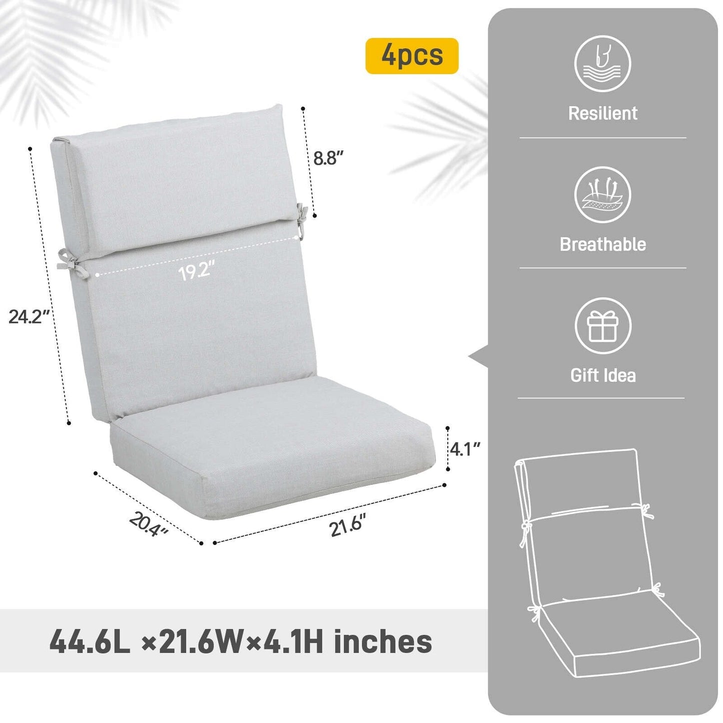 Aoodor Patio High Back Chair Cushions Set of 4, 46x21x4 Inches(Only Cushions)