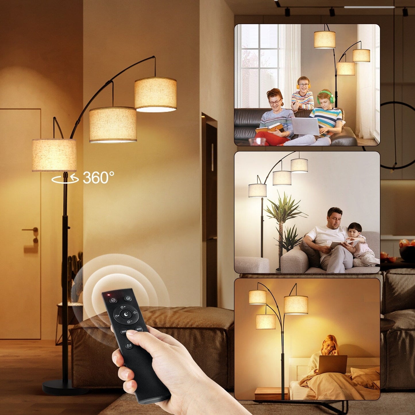 Arc LED Floor Lamp Dimmable Modern Black 3 Light Arched Tall Floor Lamp