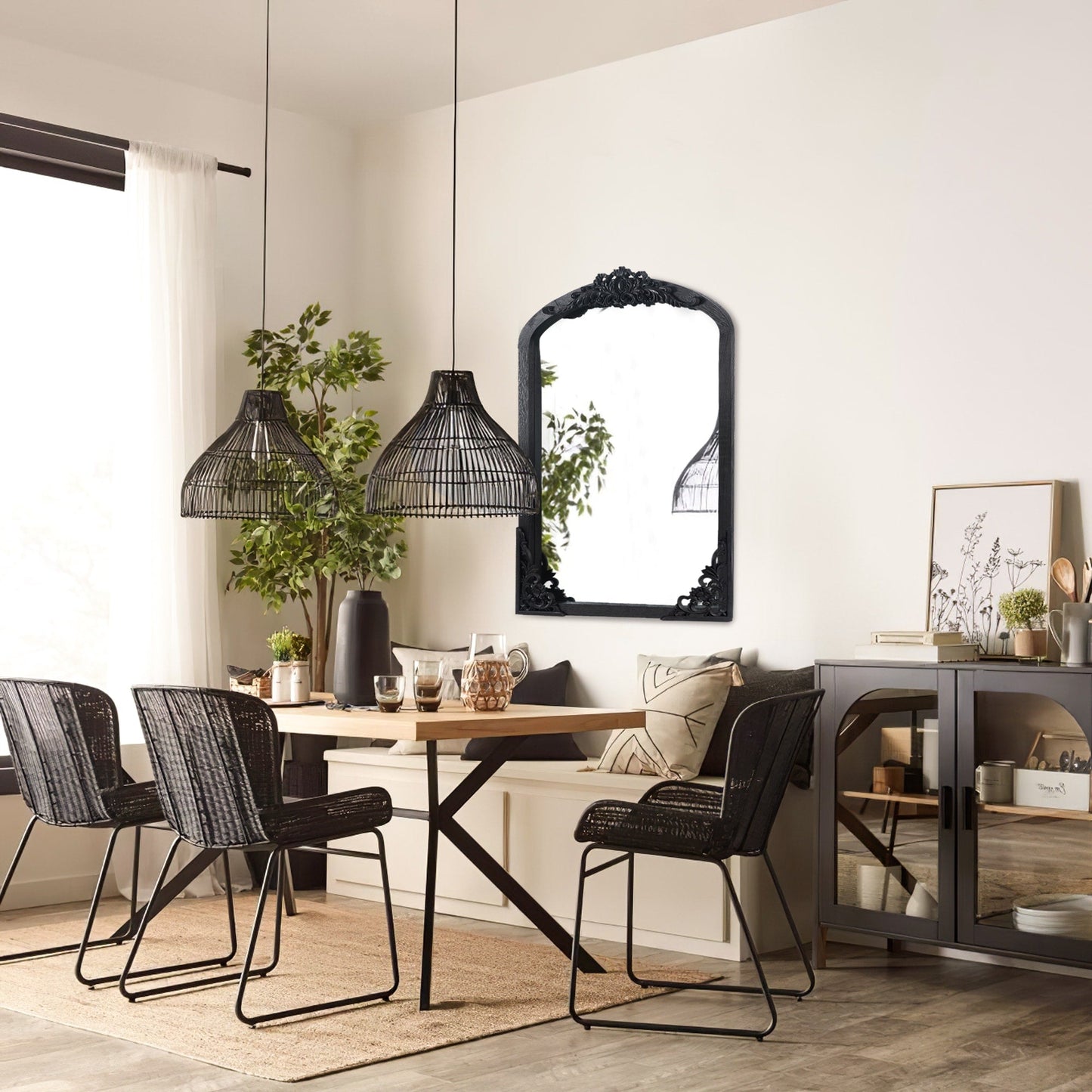 Arched Full-Length Solid Wood Carving Floor Mirror