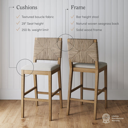 Beacon Bohemian Boucle Bar Stool, Upholstered Counter Height Chair with Solid Wood Frame and Woven Seagrass Back
