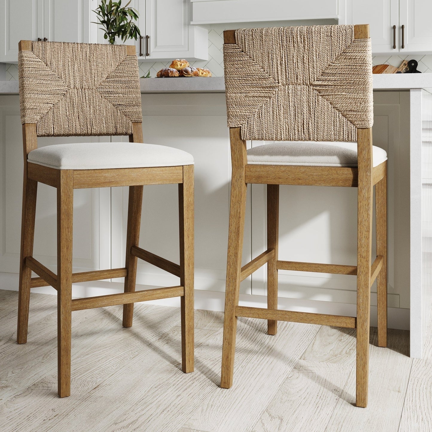 Beacon Bohemian Boucle Bar Stool, Upholstered Counter Height Chair with Solid Wood Frame and Woven Seagrass Back