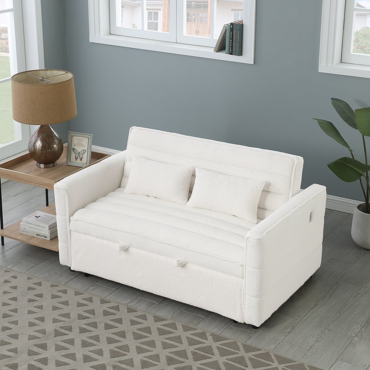 Beige 55.12 Boucle Loveseat Convertible Pull-Out Sofa Bed with Adjustable Back and 2 Waist Pillows for Living Room