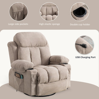 Beige Swivel Recliner with Massage, Heat & USB Charging