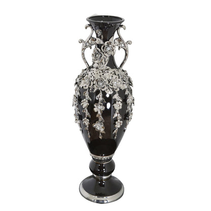 Black and Silver Floret Jeweled Stunning Vase 35 Inches Tall