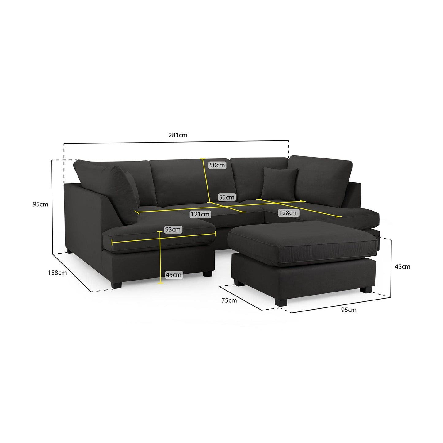 Camden U-Shape Corner Sofa with Footstool – Classic Black