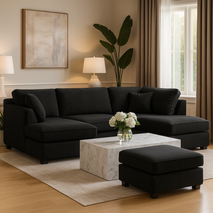 Camden U-Shape Corner Sofa with Footstool – Classic Black