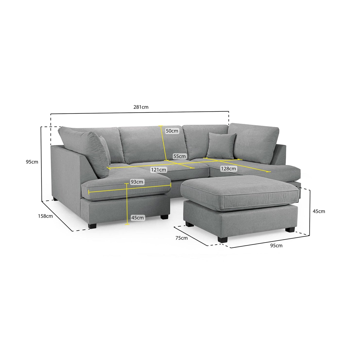 Camden U-Shape Corner Sofa with Footstool – Classic Grey