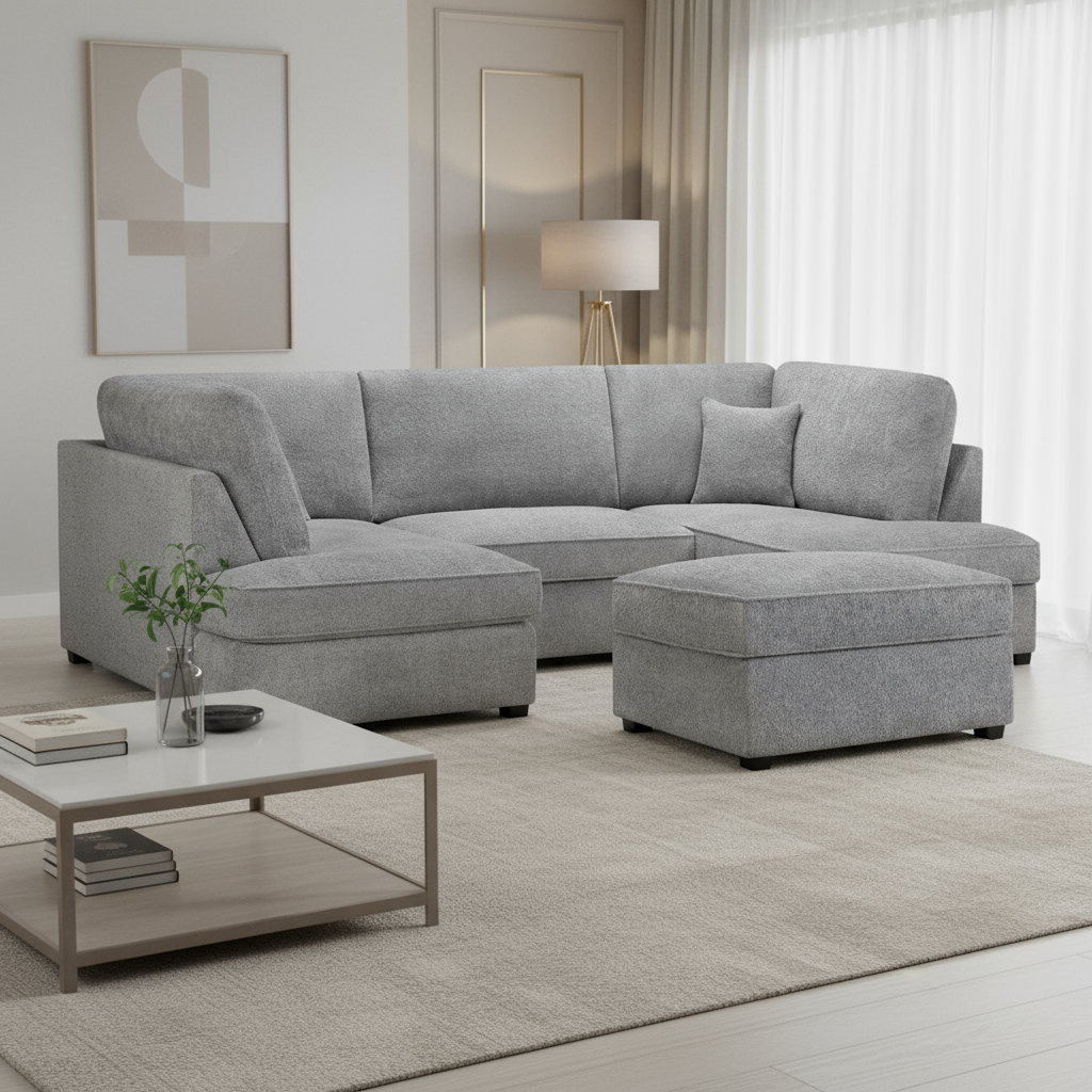 Camden U Shape Corner Sofa with Footstool - Grey Boucle