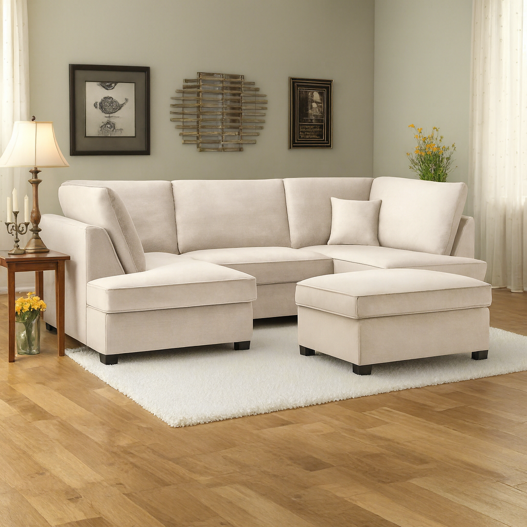 Camden U Shape Corner Sofa with Footstool - Plush Beige