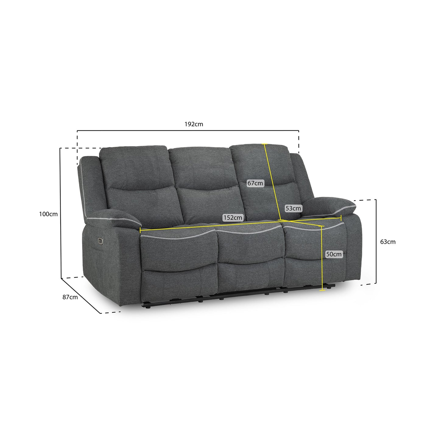 Dexter Electric Recliner Sofa Grey Fabric 3 Seater