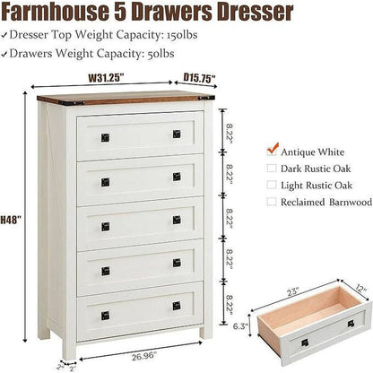 48 Tall Farmhouse 5 Drawer Wood Dresser, Chest of Drawers for Bedroom