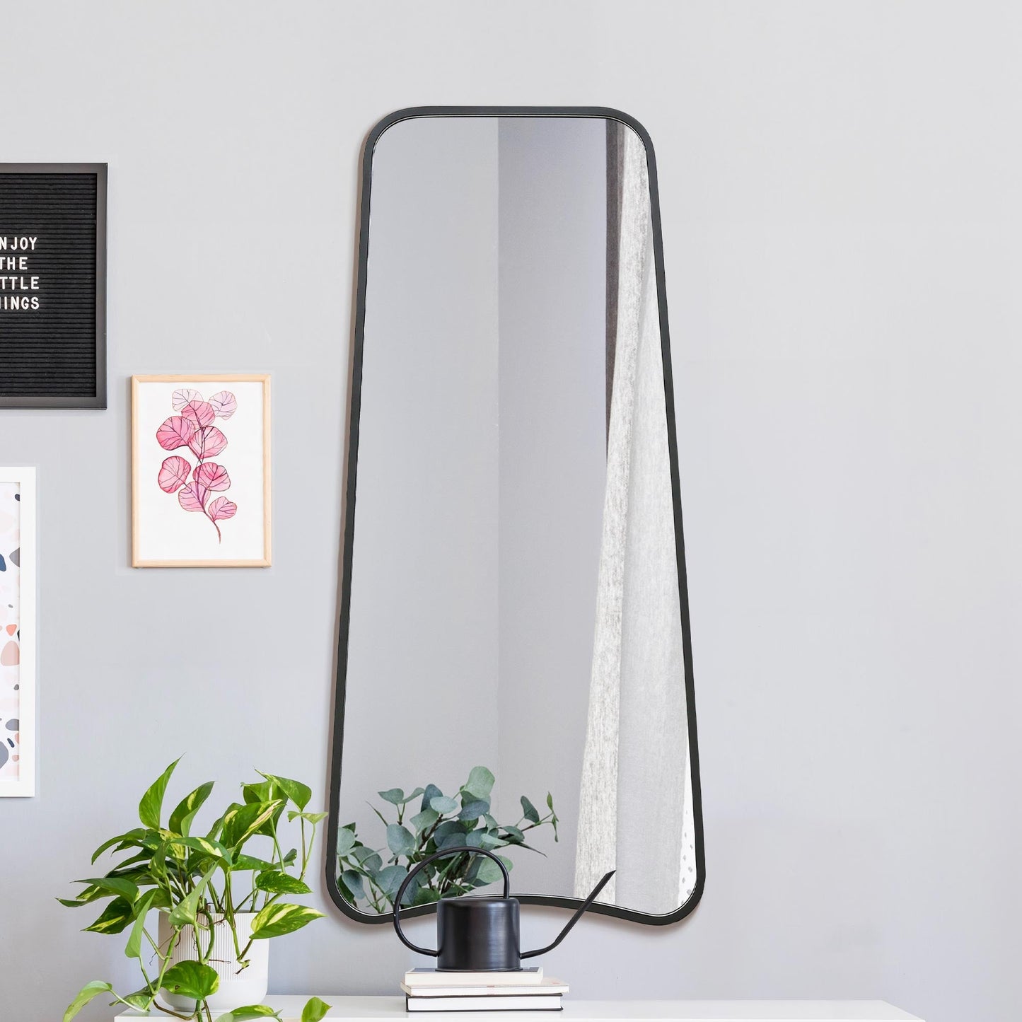The Soula - New Black Metal Isoscelles Trapezoid Shape Framed Wall Mirror with arched bottom. 48 X 23 (122CM X 58CM).