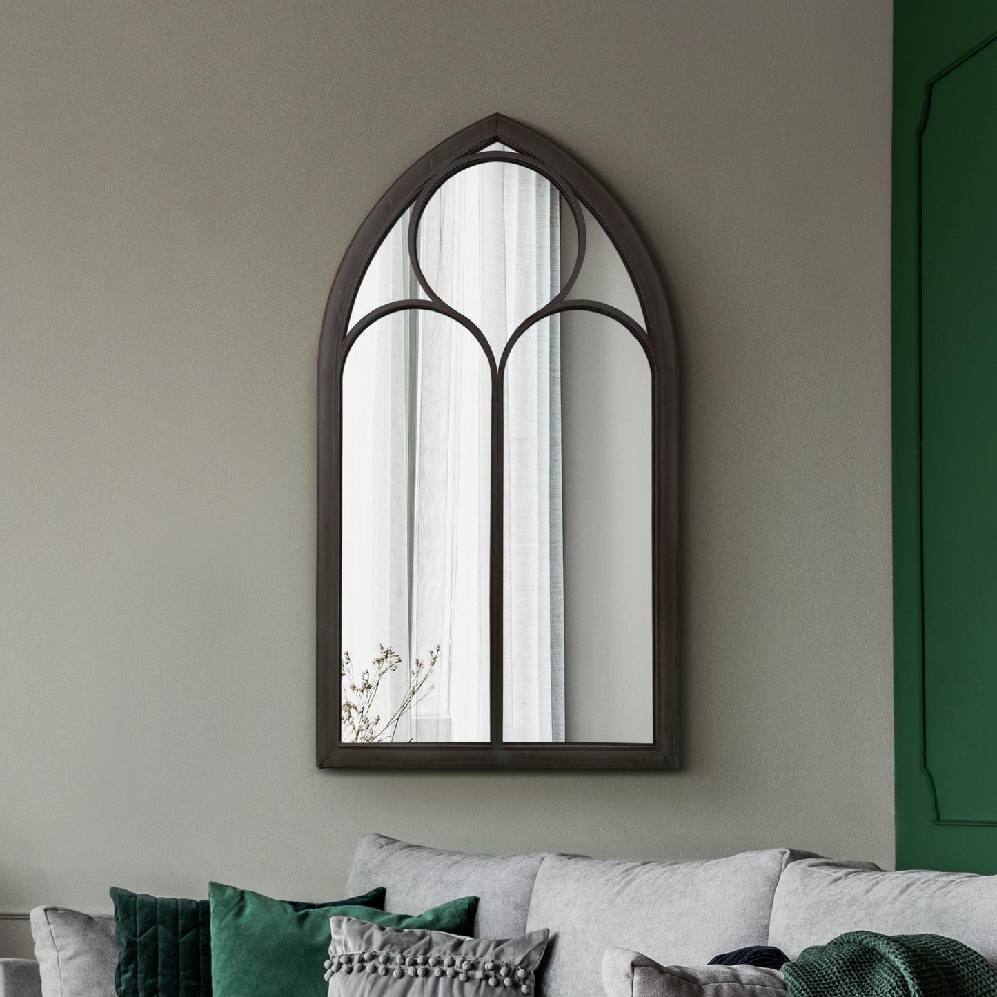 The Rosie - Rustic Black Metal Chapel Arched Decorative Wall or Leaner Mirror 44 X 24 (111CM X 61CM)
