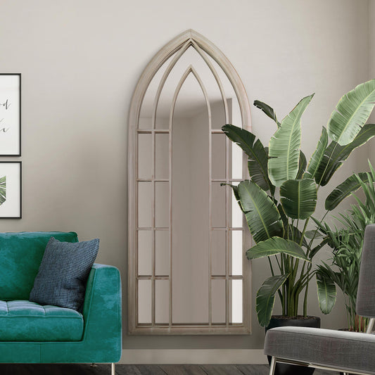 The Rosie - Extra Large Rustic Framed Arched Gothic Window Style Leaner Wall Mirror 75 X 30 (190CM X 75CM) Stone Colour