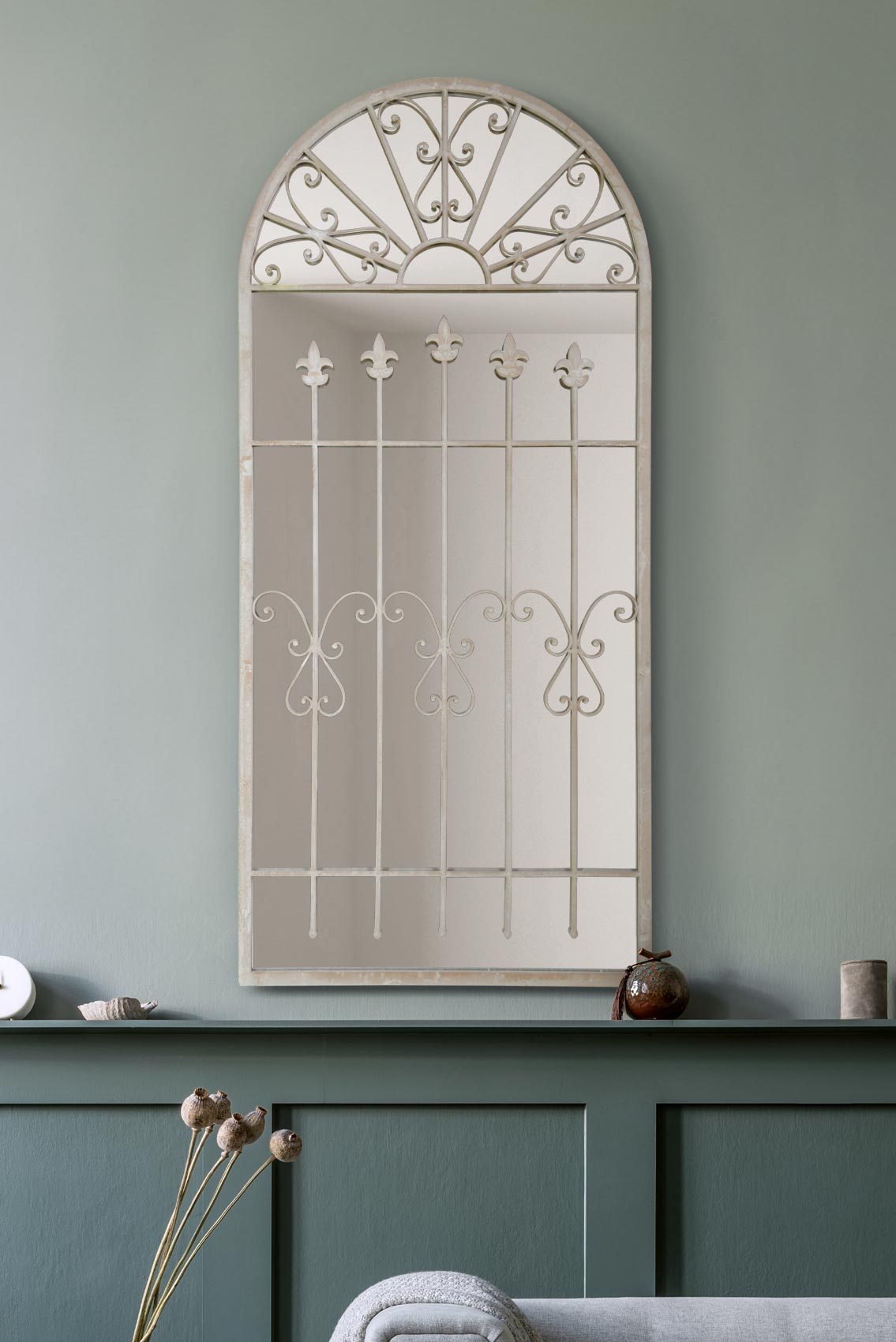 The Rosie - Extra Large Rustic Framed Arched Gothic Window Style Leaner Wall Mirror 55 X 26 (140CM X 65CM) Stone Colour