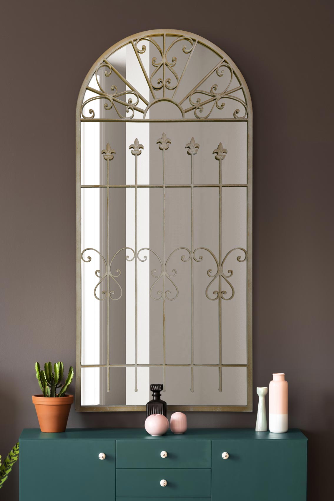 The Rosie - Extra Large Rustic Framed Arched Gothic Window Style Leaner Wall Mirror 63 X 30 (160CM X 75CM) Stone Colour