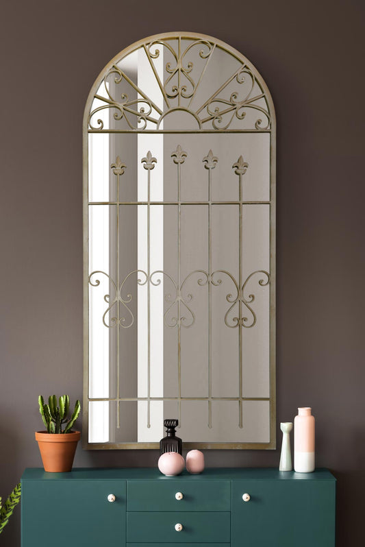 The Rosie - Extra Large Rustic Framed Arched Gothic Window Style Leaner Wall Mirror 63 X 30 (160CM X 75CM) Stone Colour