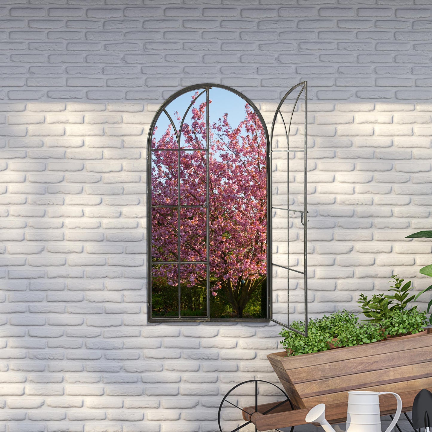 Summer View Metal Arch shaped Opening WIndow Garden Mirror 140cm X 75cm