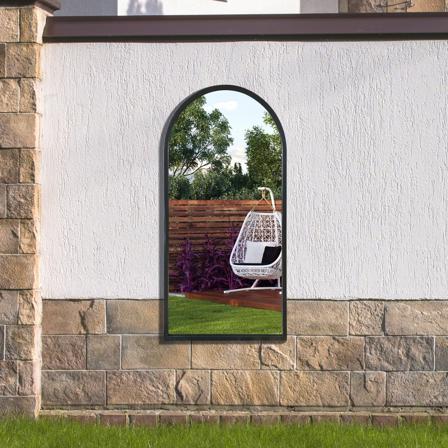The Perry - Black Metal Framed Arched Garden Wall Mirror 47 X 23.5 (120CM X 60CM)