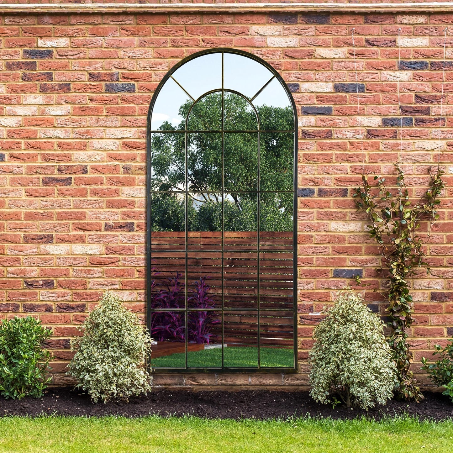 The Perry - Antique Black Framed Arched Window Garden Mirror 71x33.5 180x85CM