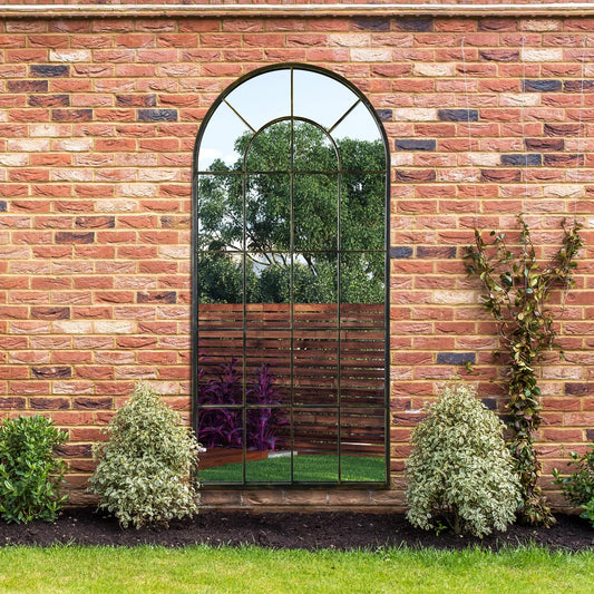 The Perry - Antique Black Framed Arched Window Garden Mirror 71x33.5 180x85CM