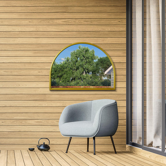 The Perry - Gold Metal Framed Arched Garden Wall Mirror 49 X 35 (125CM X 90CM)