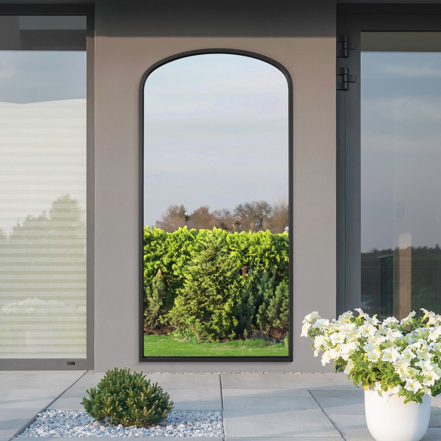 The Olive - Black Metal Framed Arched Garden Wall Mirror 67x33 (170x85CM)