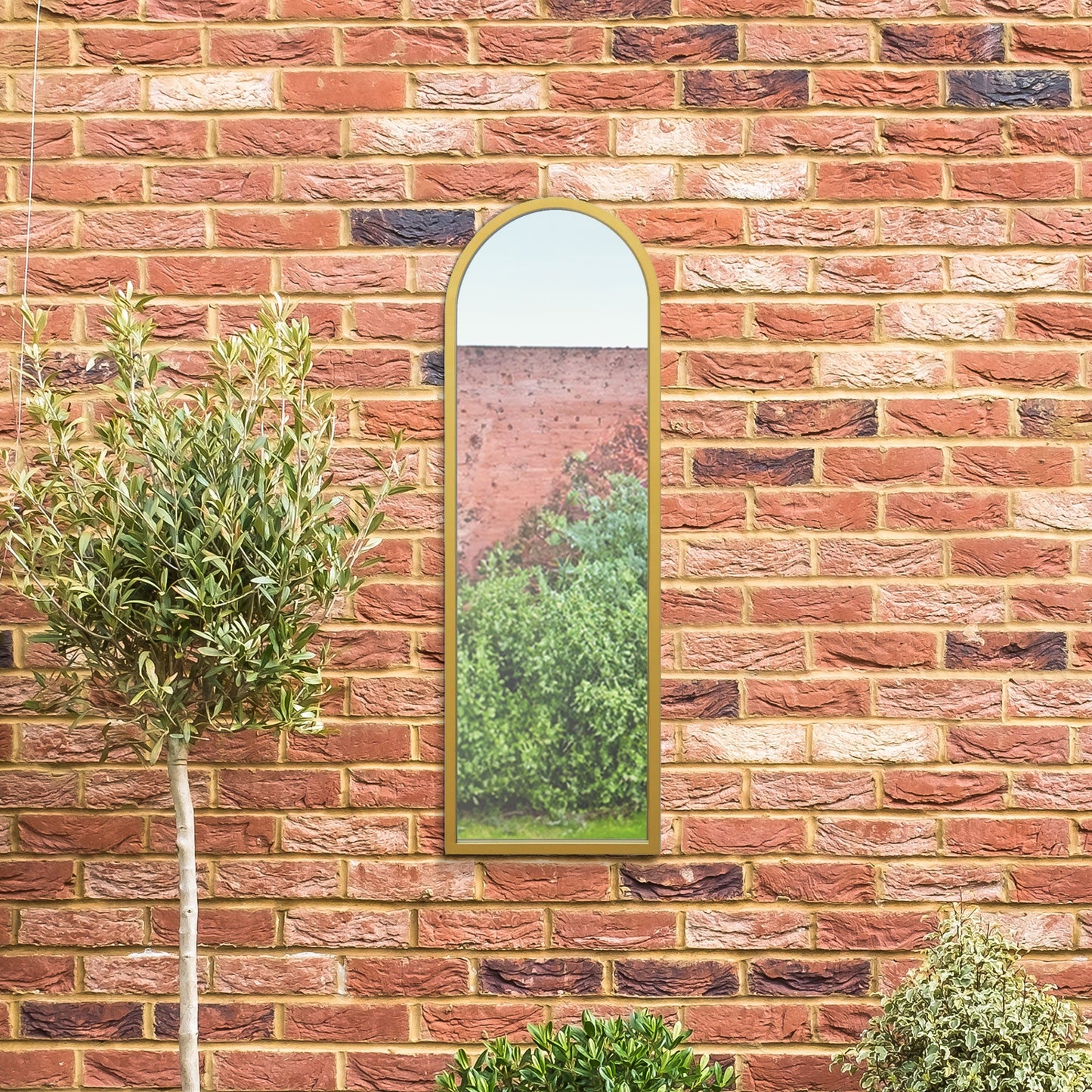 The Perry - Gold Metal Framed Arched Garden Wall Mirror 47 X 16 (120CM X 40CM)