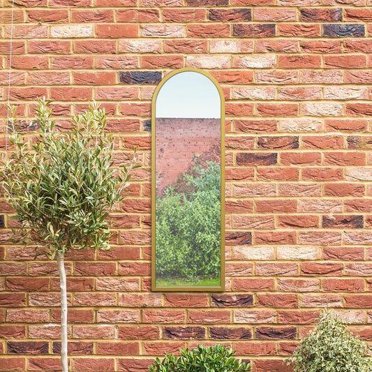 The Perry - Gold Metal Framed Arched Garden Wall Mirror 47 X 16 (120CM X 40CM)
