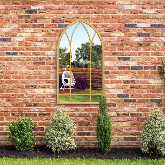 The Perry - Gold Metal Framed Arched Garden Wall Mirror 32 X 19 (83CM X 48CM)