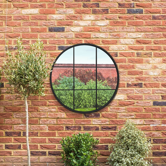The Alora - Black Metal Frame Round Window Garden Wall Mirror 31x31 80x80CM