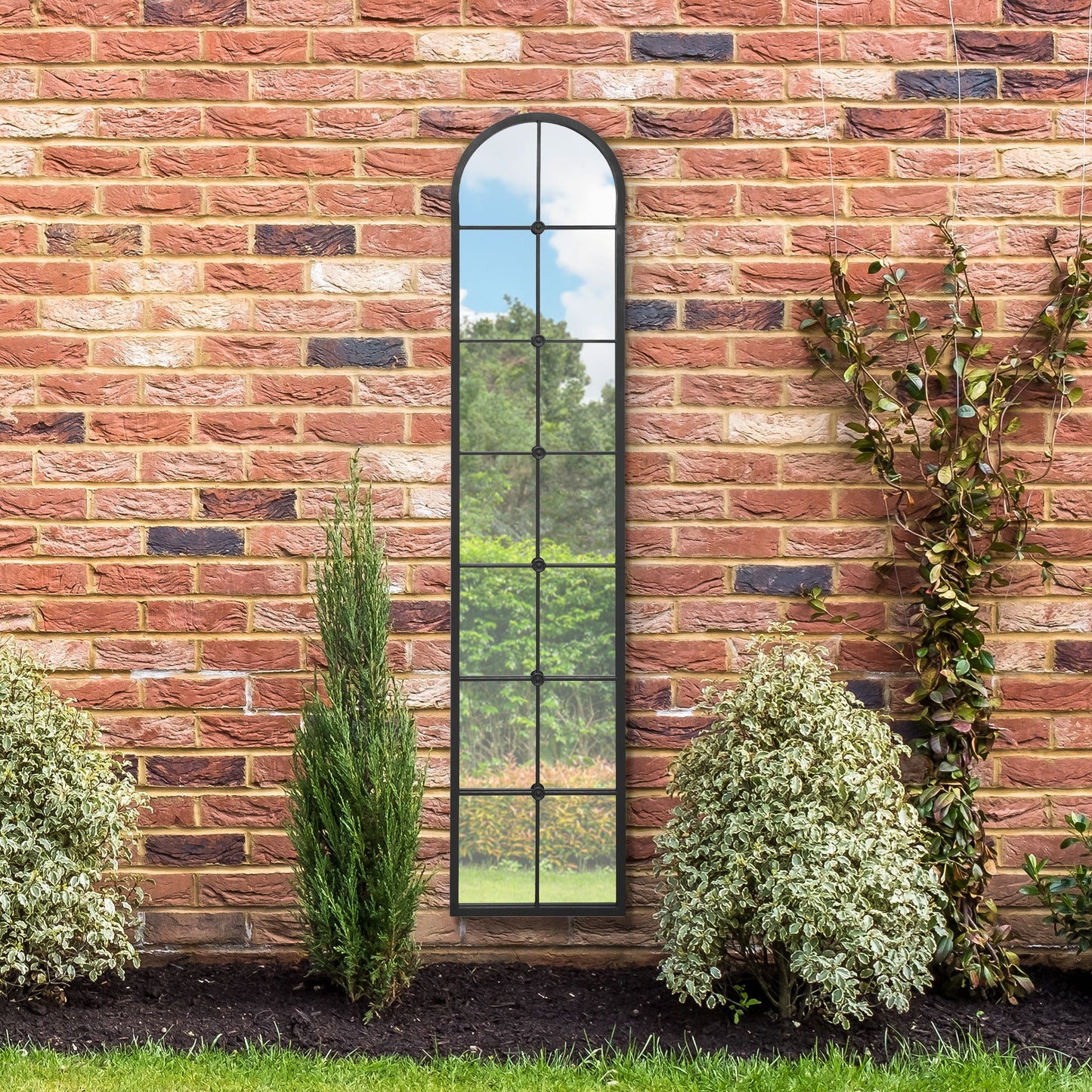 The Perry - Black Framed Arched Leaner Garden Wall Mirror 75 X 16 (190CM X 40CM)