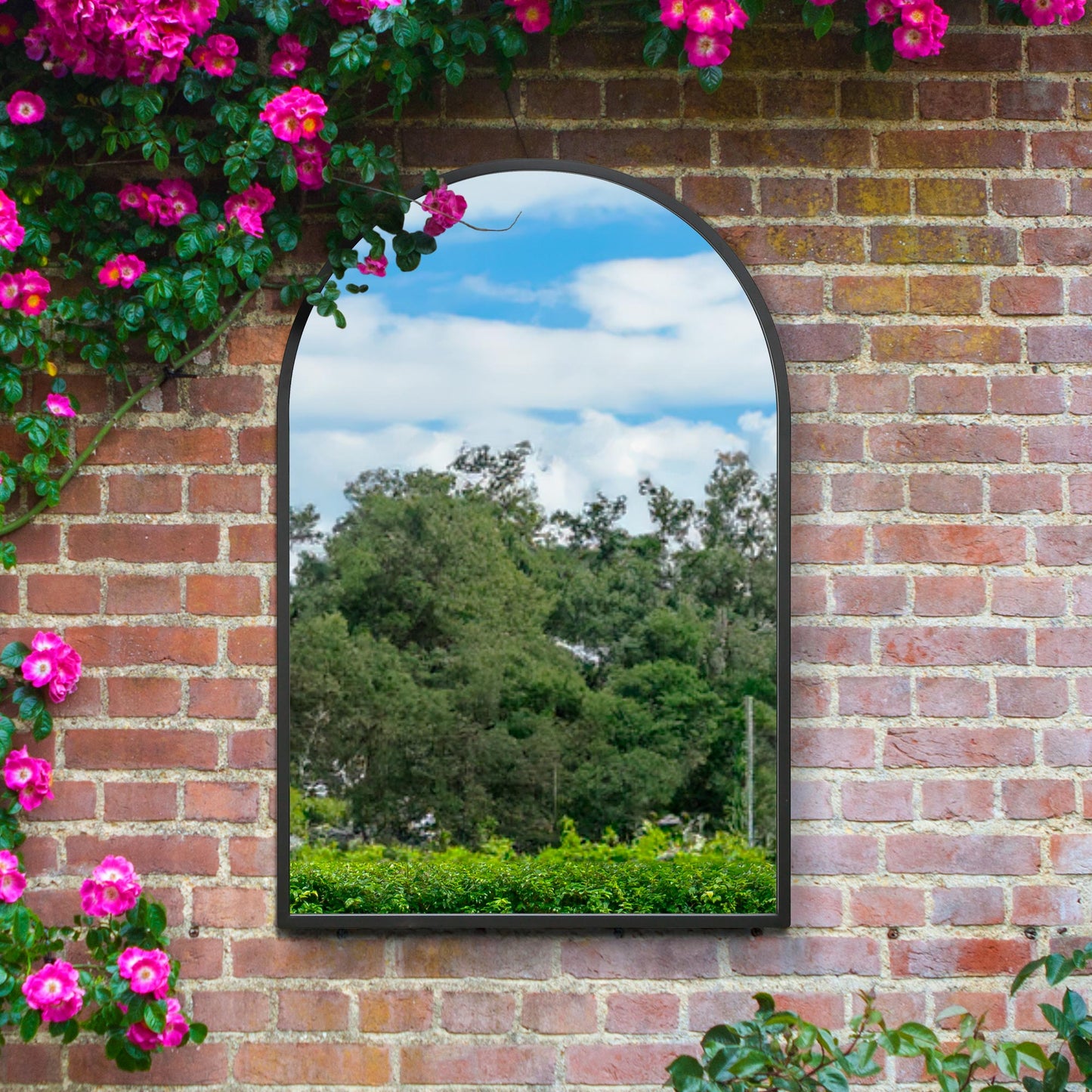 The Perry - Black Metal Framed Arched Garden Wall Mirror 47 X 31 (120CM X 80CM). Suitable for Outside and Inside.