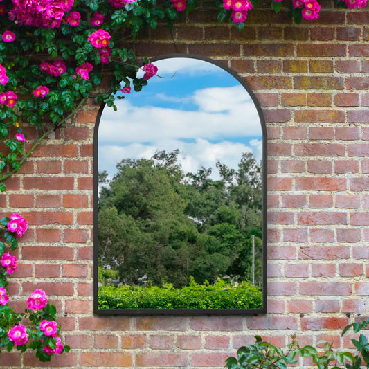The Perry - Black Metal Framed Arched Garden Wall Mirror 47 X 31 (120CM X 80CM). Suitable for Outside and Inside.